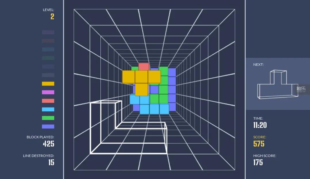 《3D俄罗斯方块》采用俯视图来使用方块和颜色来定位